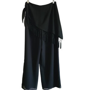 DAWN JOY Black Wide Leg Palazzo Pants Attached Fringe Waist Scarf‎ Women's 12